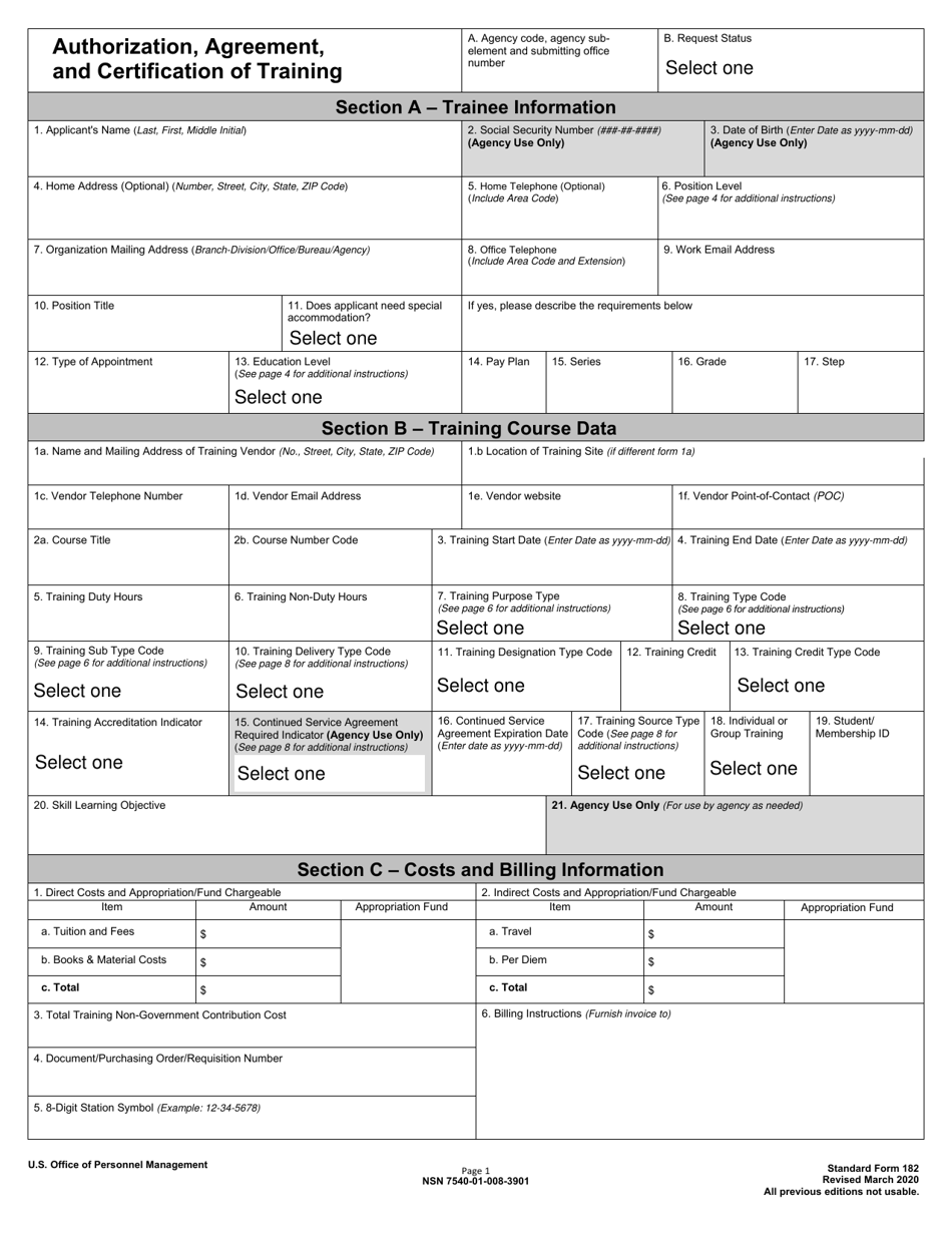 Form SF-182 Authorization, Agreement, and Certification of Training, Page 1