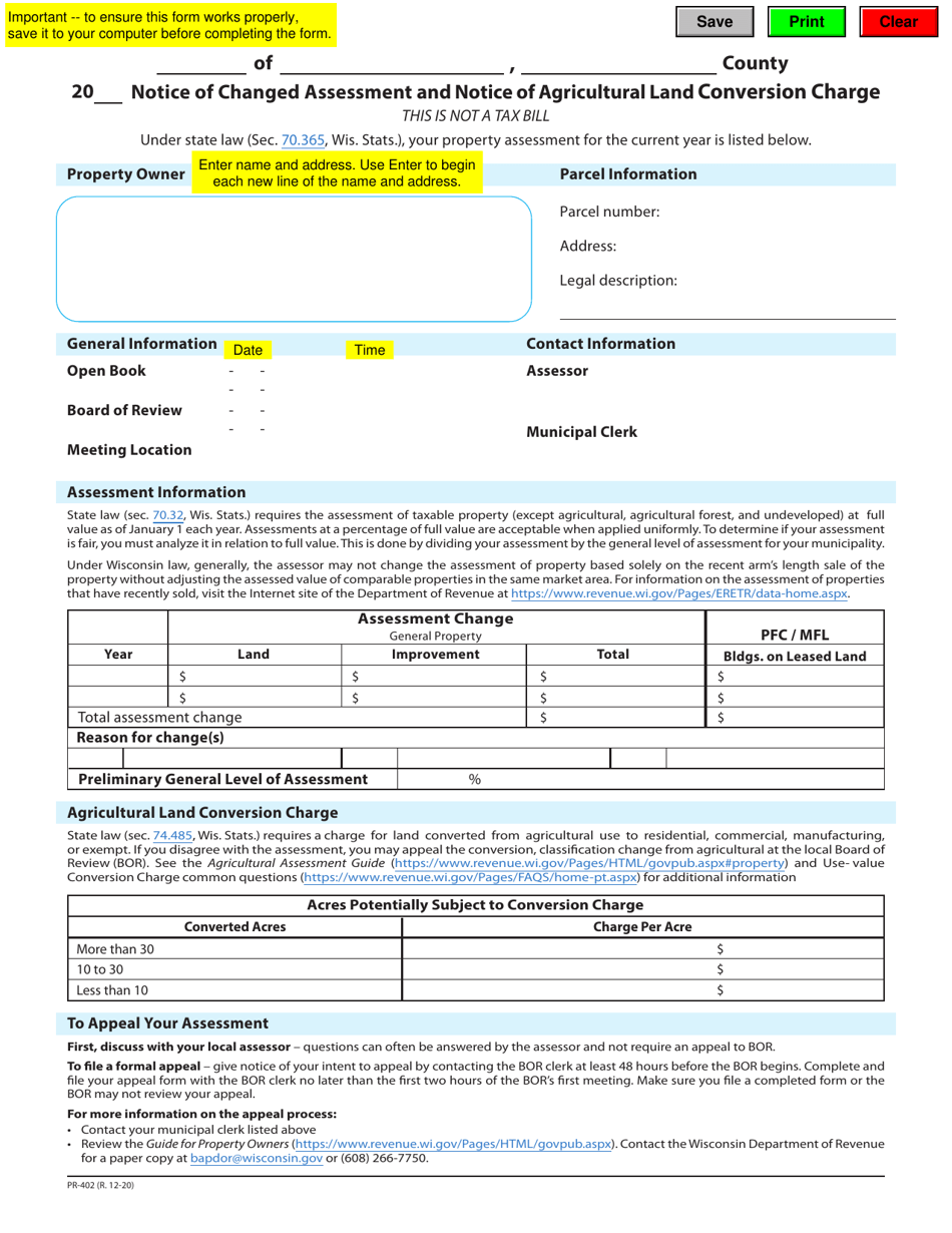 Form PR-402 Notice of Changed Assessment and Notice of Agricultural Land Conversion Charge - Wisconsin, Page 1