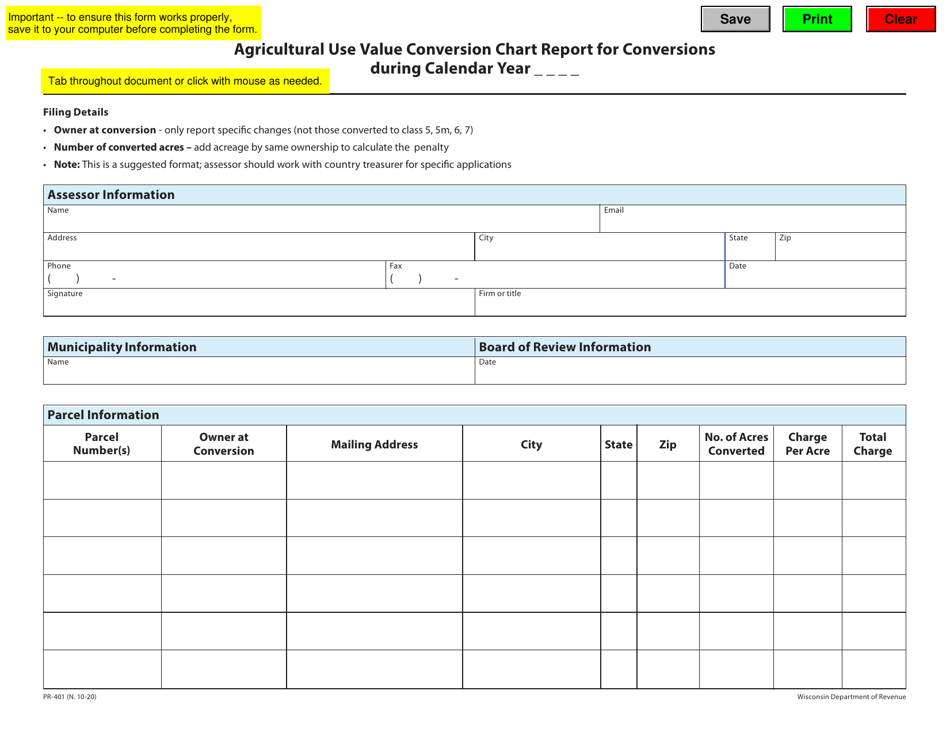 Form PR-401 Agricultural Use Value Conversion Chart Report for Conversions - Wisconsin, Page 1