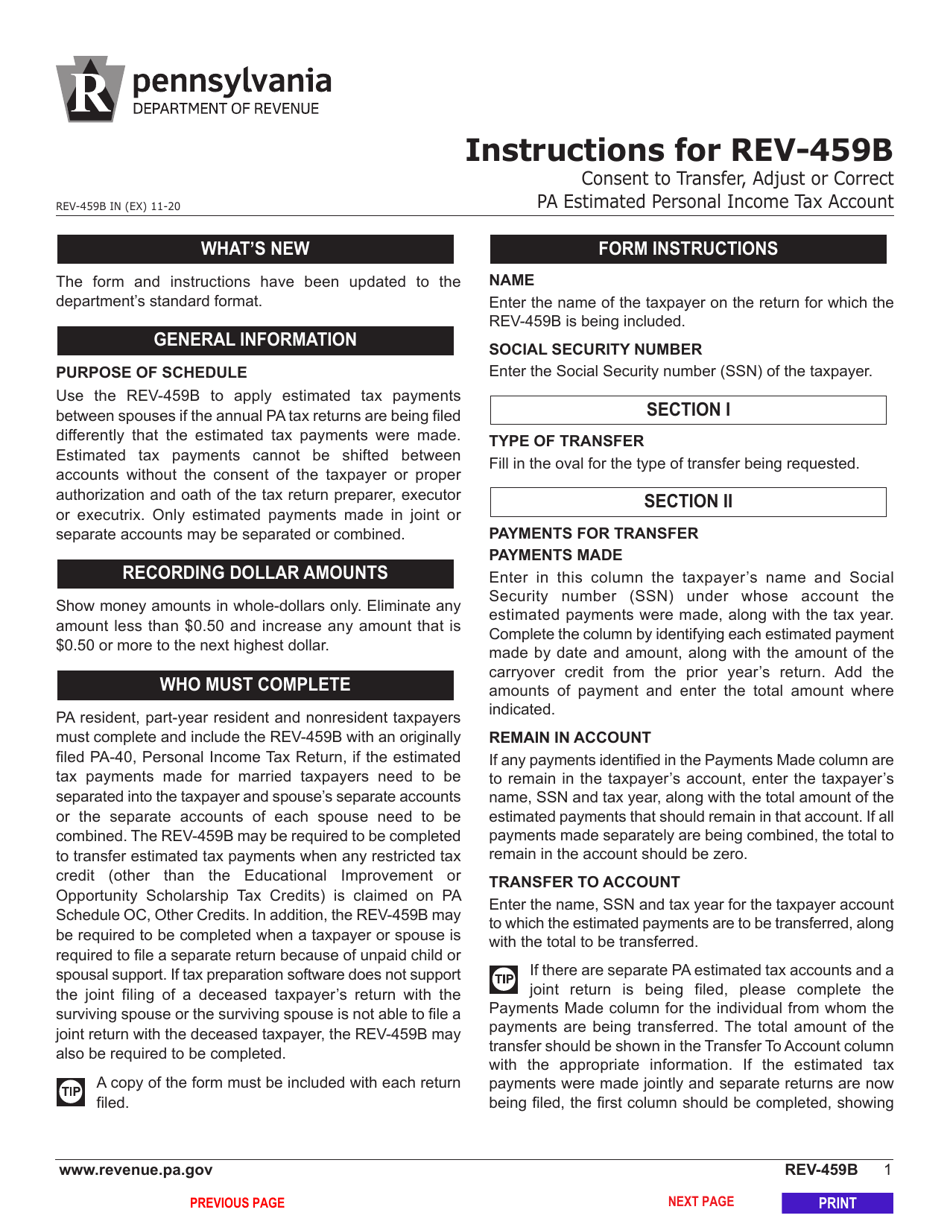 Form REV-459B Consent to Transfer, Adjust or Correct Pa Estimated Personal Income Tax Account - Pennsylvania, Page 3