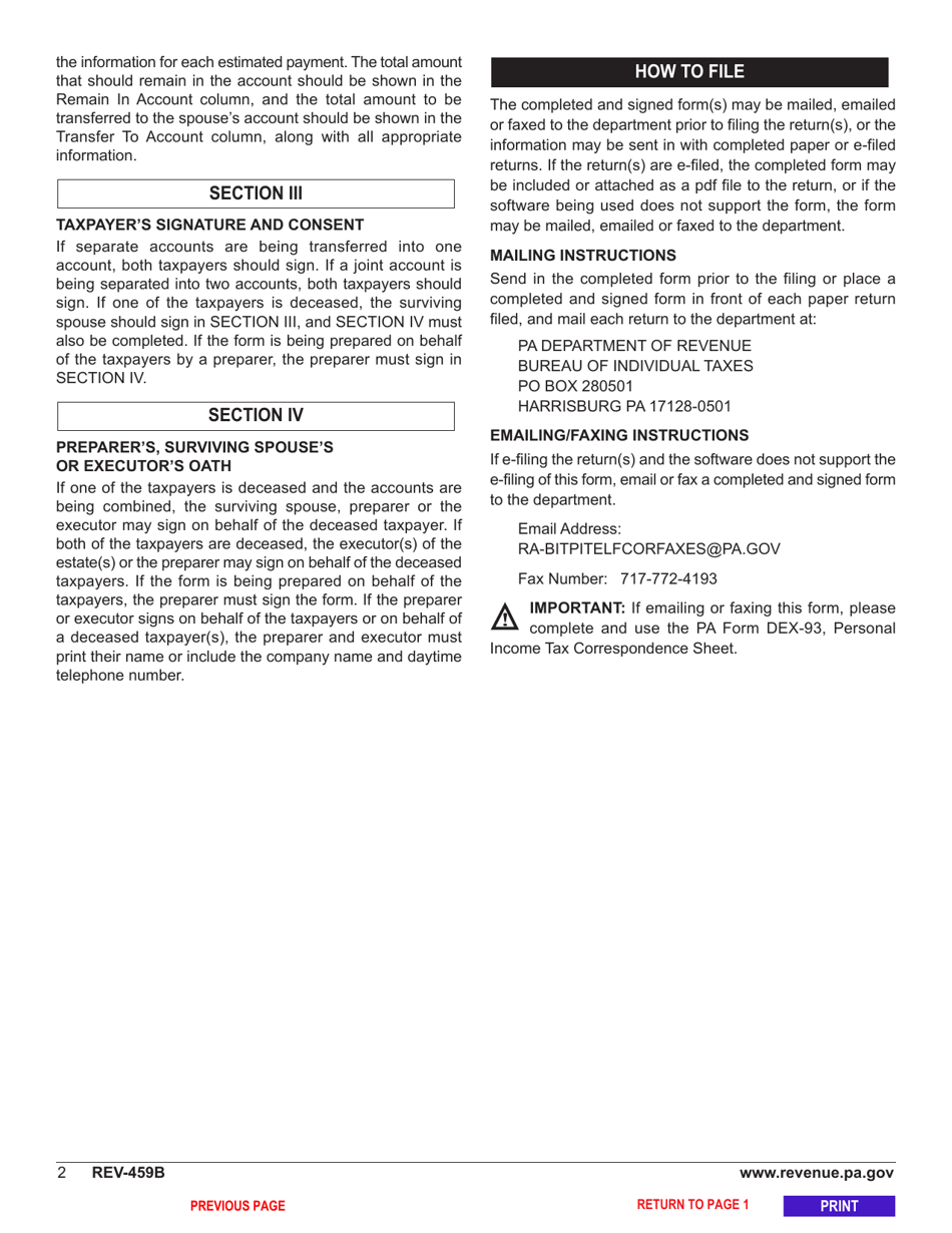 Form REV-459B Consent to Transfer, Adjust or Correct Pa Estimated Personal Income Tax Account - Pennsylvania, Page 4