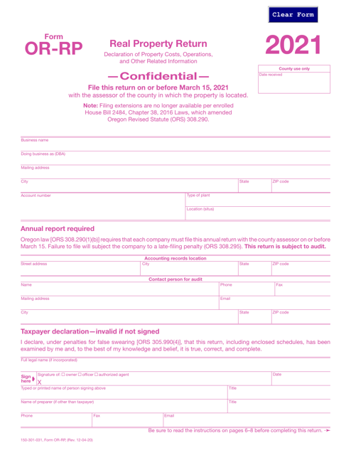 Form OR-RP (150-301-031) 2021 Printable Pdf