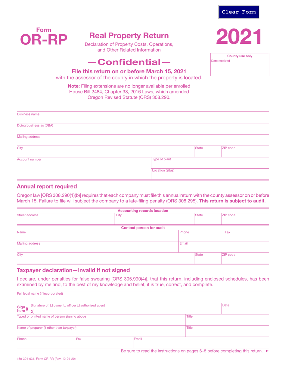 Form OR-RP (150-301-031) Real Property Return - Oregon, Page 1