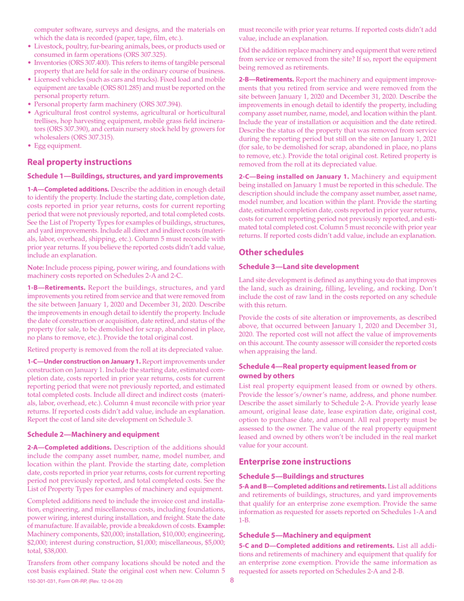 Form OR-RP (150-301-031) Real Property Return - Oregon, Page 8