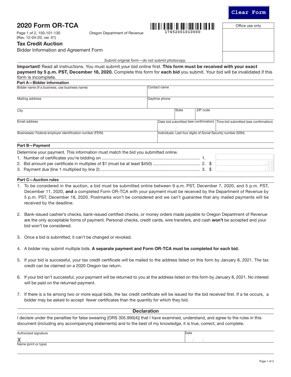 Form OR-TCA (150-101-130) Tax Credit Auction Bidder Information and Agreement Form - Oregon, Page 1