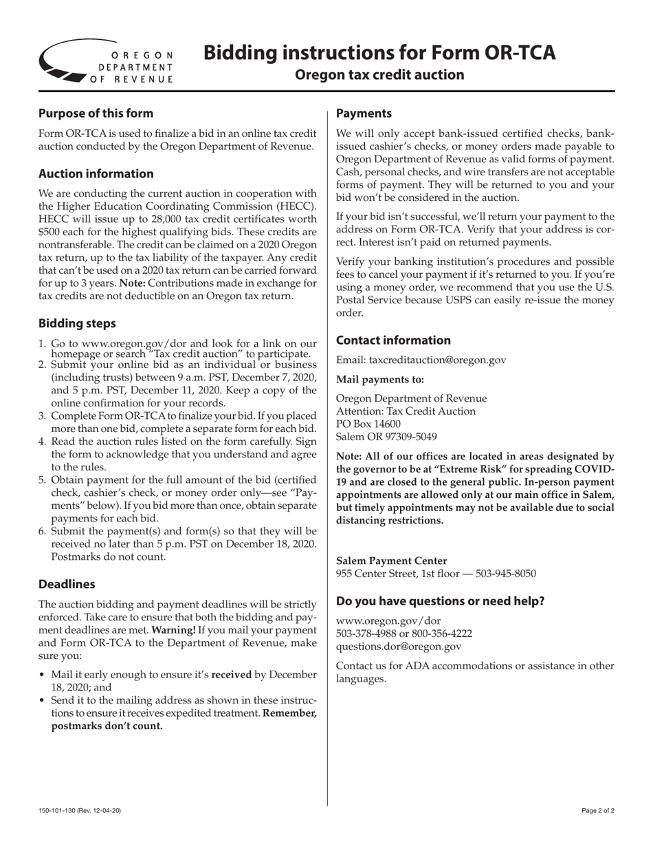 Form OR-TCA (150-101-130) Tax Credit Auction Bidder Information and Agreement Form - Oregon, Page 2