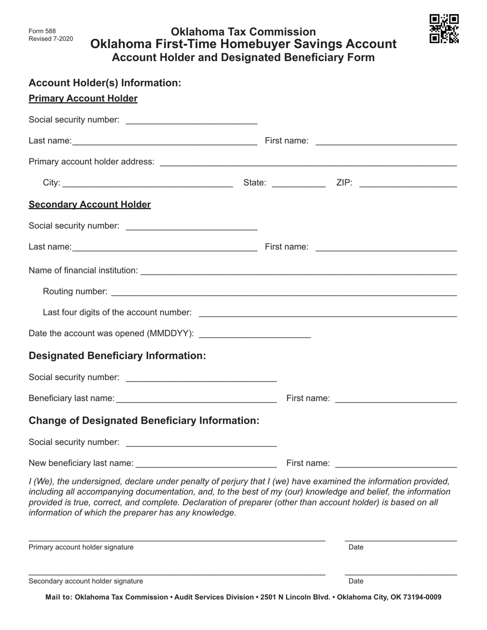 OTC Form 588 Oklahoma First-Time Homebuyer Savings Account - Account Holder and Designated Beneficiary Form - Oklahoma, Page 1