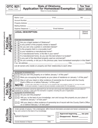 Document preview: OTC Form 921 Application for Homestead Exemption - Oklahoma, 2022