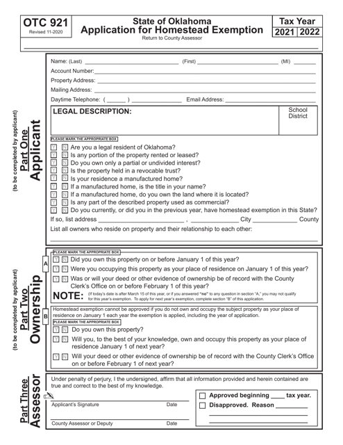 OTC Form 921 Application for Homestead Exemption - Oklahoma, 2022