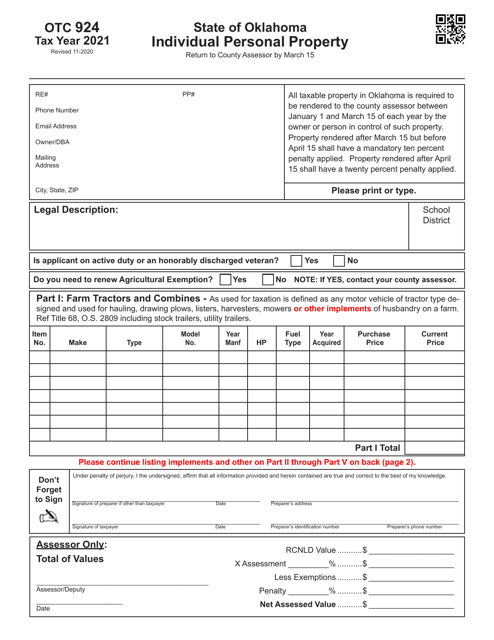 OTC Form 924 Individual Personal Property - Oklahoma, 2021
