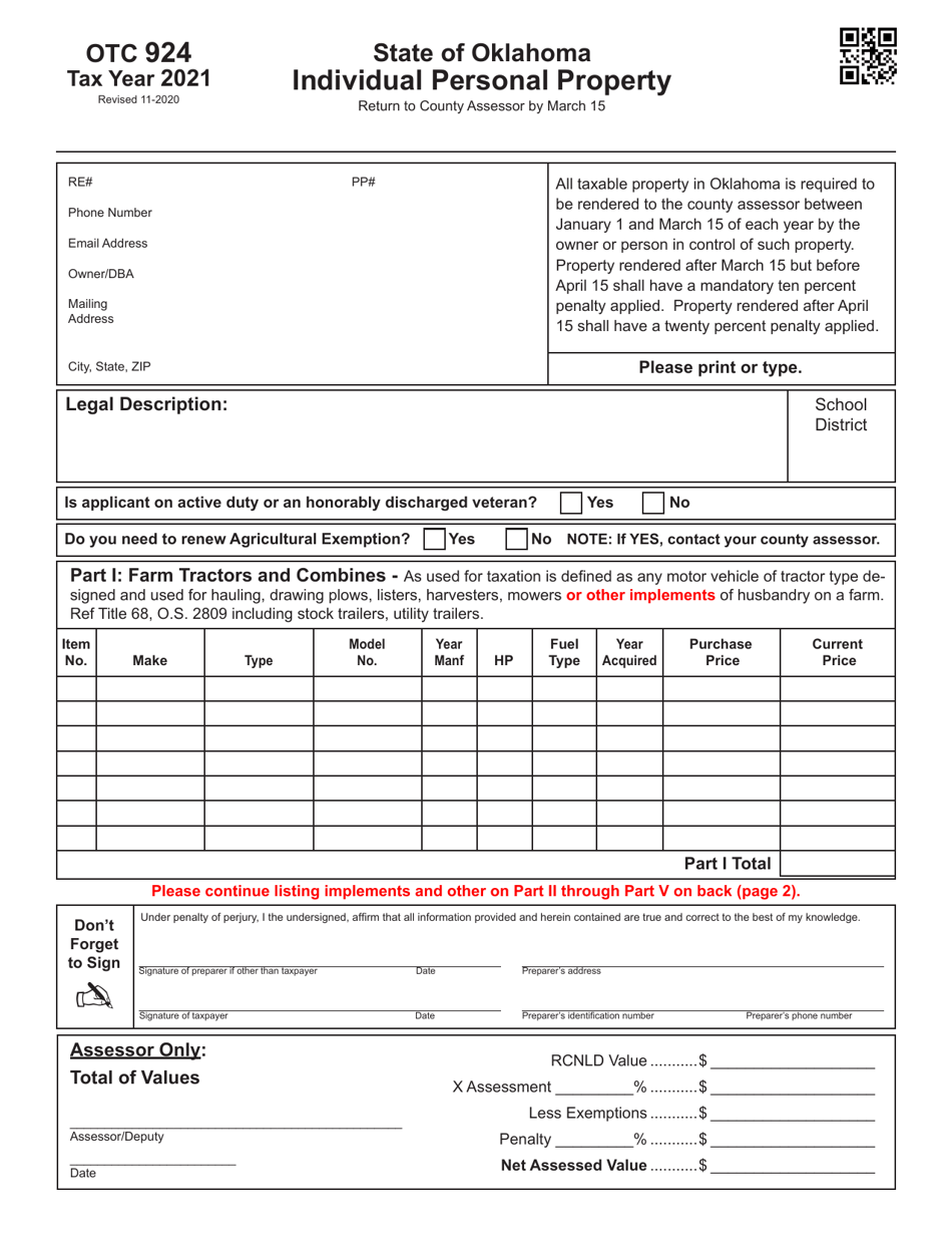 OTC Form 924 Individual Personal Property - Oklahoma, Page 1