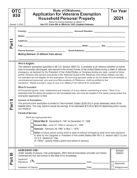 Document preview: OTC Form 930 Application for Veterans Exemption Household Personal Property - Oklahoma, 2021