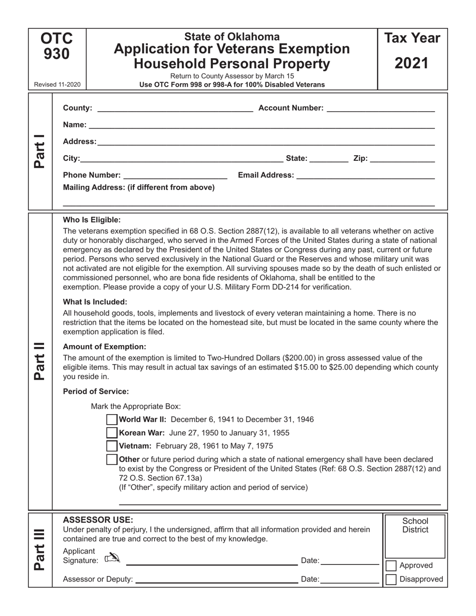 OTC Form 930 Application for Veterans Exemption Household Personal Property - Oklahoma, Page 1