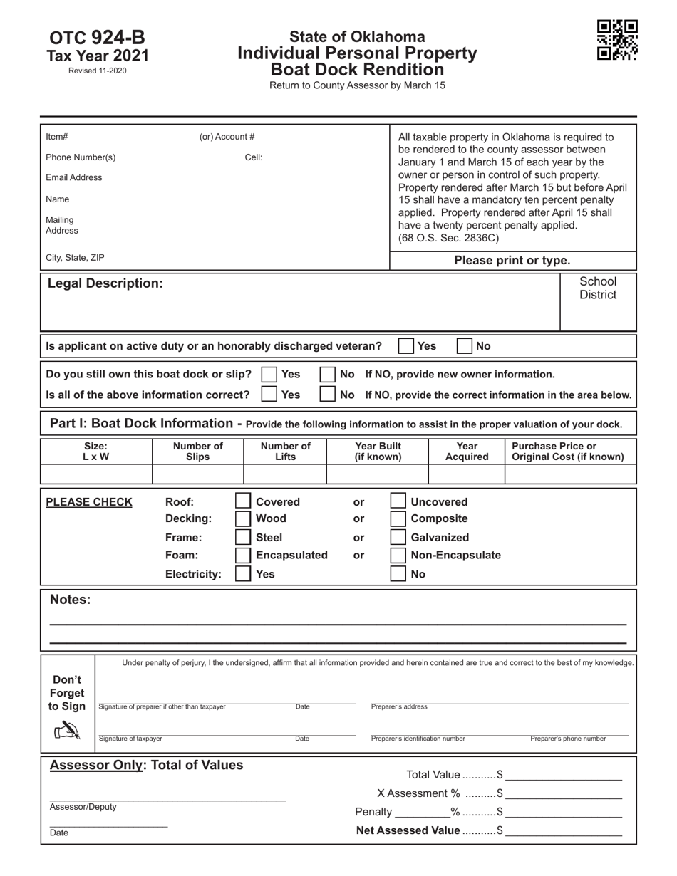 OTC Form 924-B Individual Personal Property Boat Dock Rendition - Oklahoma, Page 1