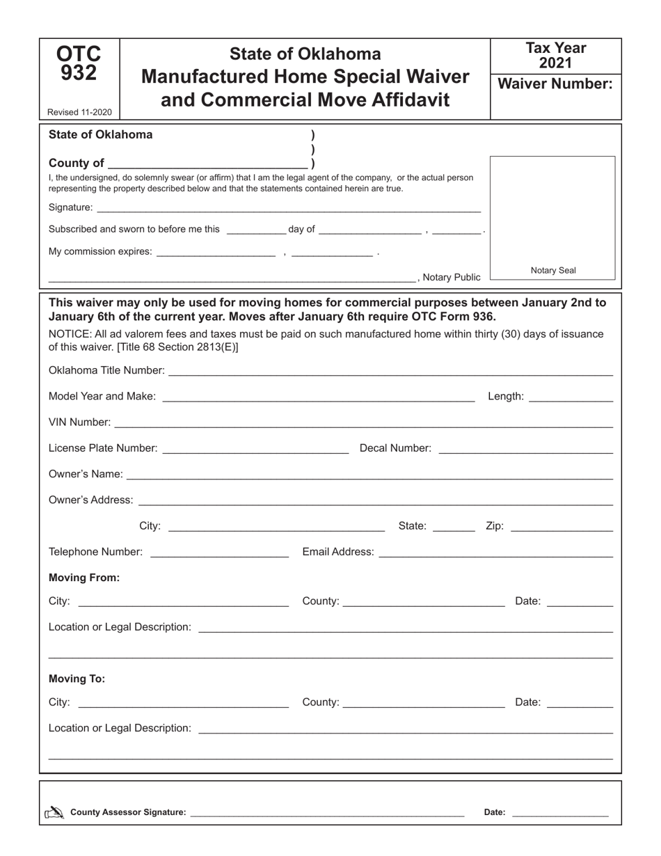 OTC Form 932 Manufactured Home Special Waiver and Commercial Move Affidavit - Oklahoma, Page 1
