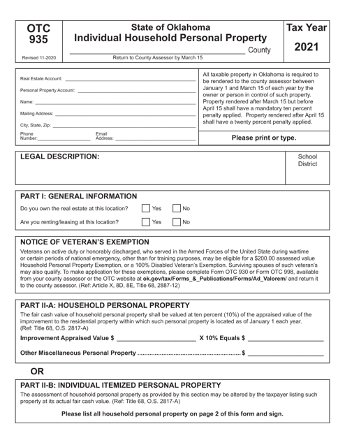 OTC Form 935 Individual Household Personal Property - Oklahoma, 2021