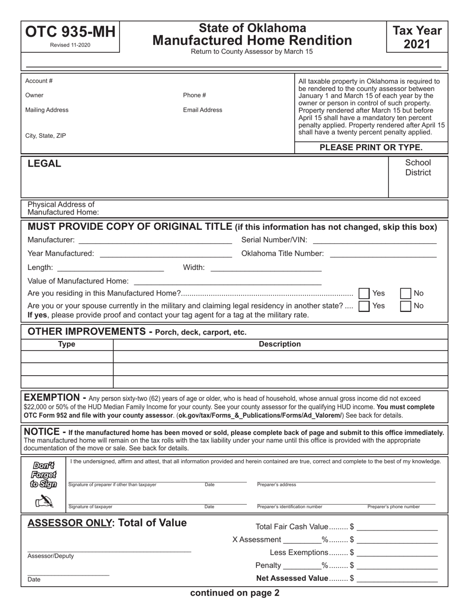 OTC Form 935-MH Manufactured Home Rendition - Oklahoma, Page 1