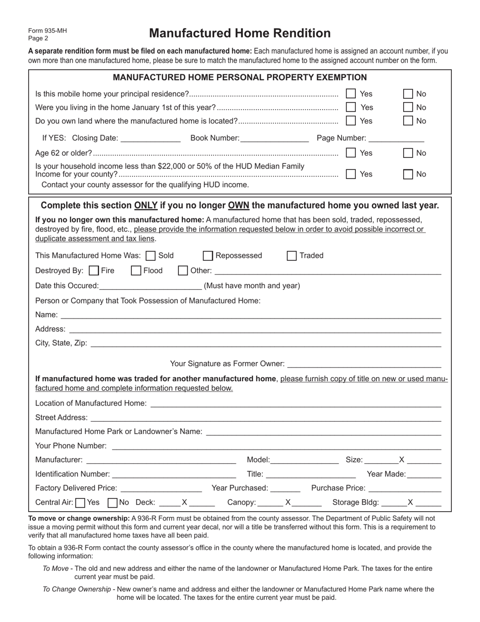 OTC Form 935-MH Manufactured Home Rendition - Oklahoma, Page 2