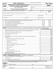 OTC Form 952 Application for Manufactured Home Personal Property Exemption - Oklahoma