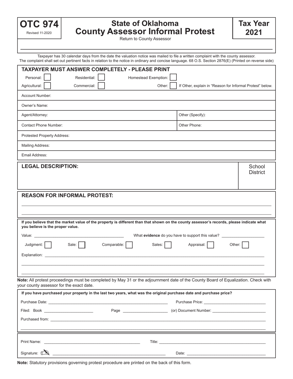 OTC Form 974 County Assessor Informal Protest - Oklahoma, Page 1