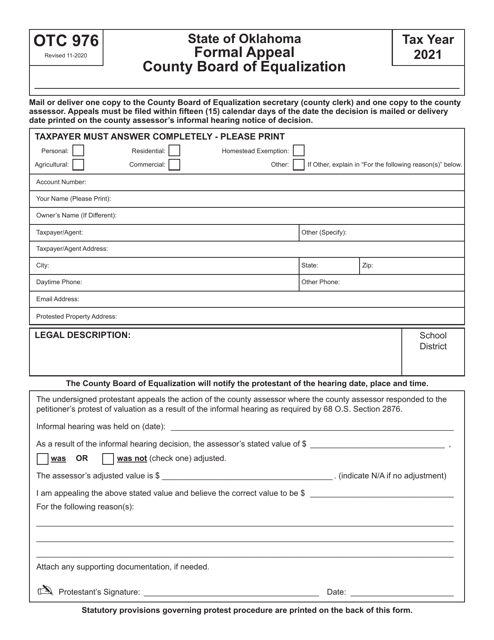 OTC Form 976 Formal Appeal County Board of Equalization - Oklahoma, 2021