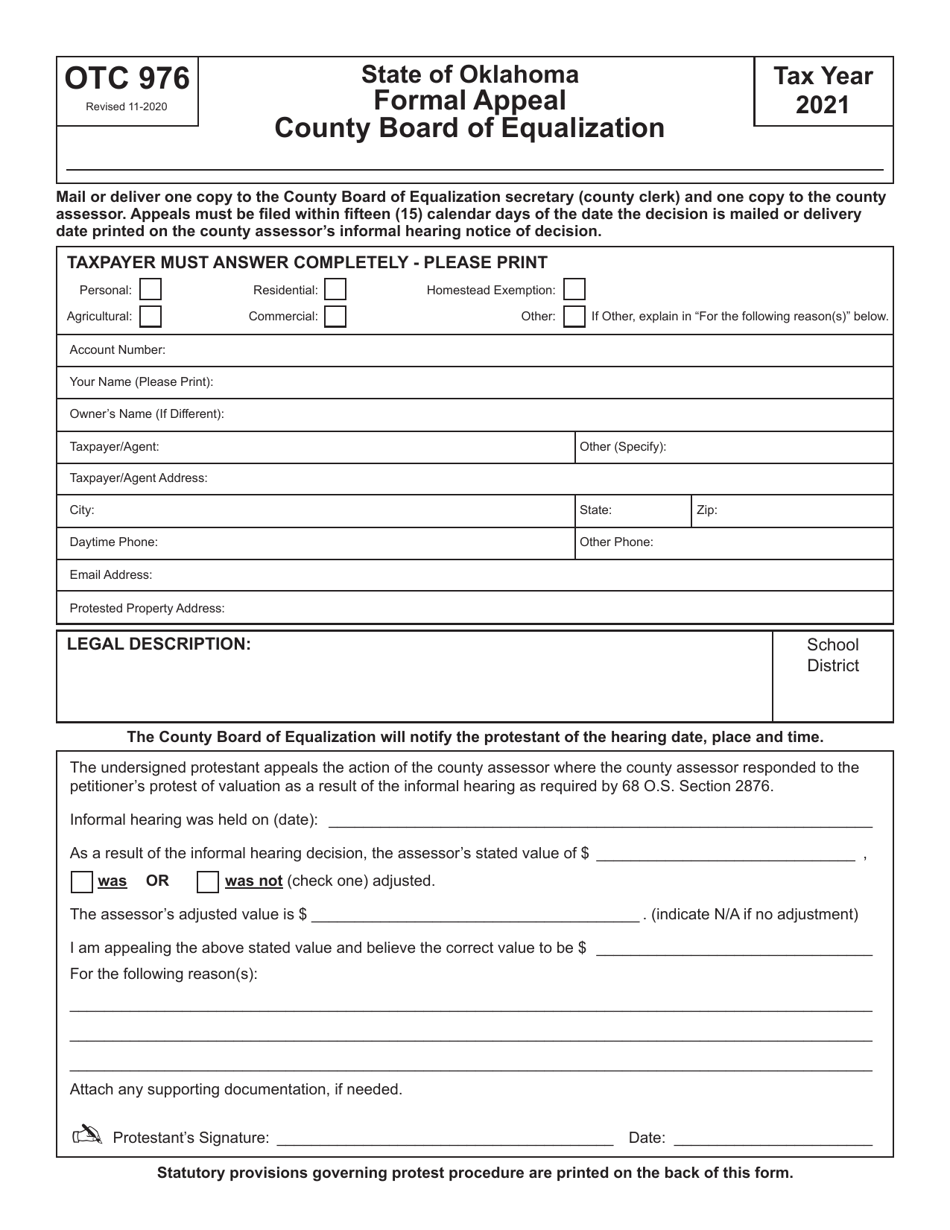 OTC Form 976 Formal Appeal County Board of Equalization - Oklahoma, Page 1