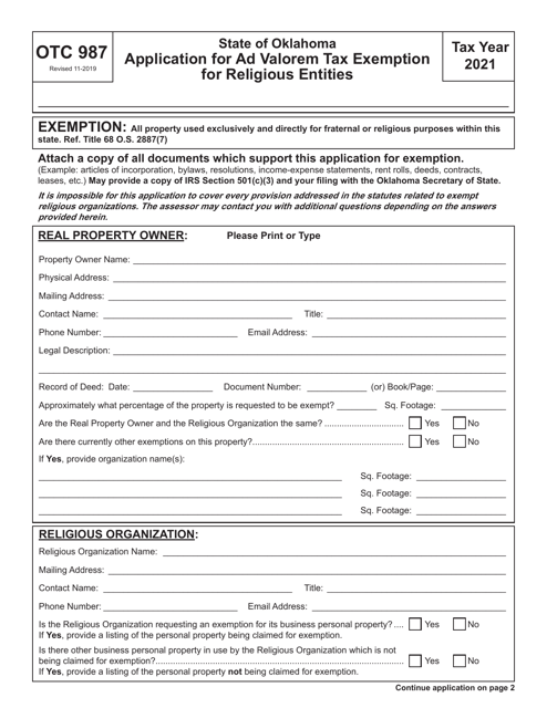 OTC Form 987 2021 Printable Pdf