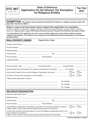 OTC Form 987 Application for Ad Valorem Tax Exemption for Religious Entities - Oklahoma