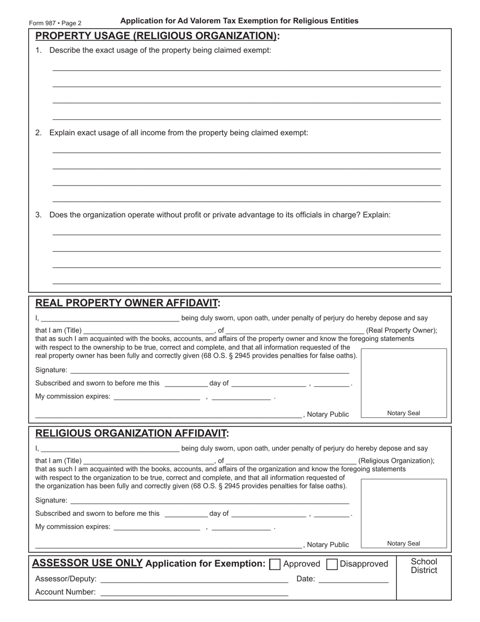 OTC Form 987 Application for Ad Valorem Tax Exemption for Religious Entities - Oklahoma, Page 2