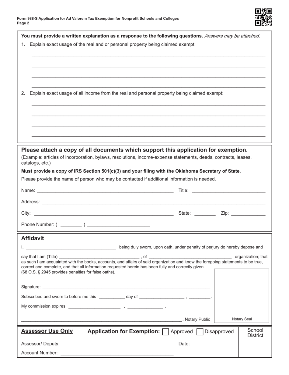 OTC Form 988-S Application for Ad Valorem Tax Exemption for Nonprofit Schools and Colleges - Oklahoma, Page 2
