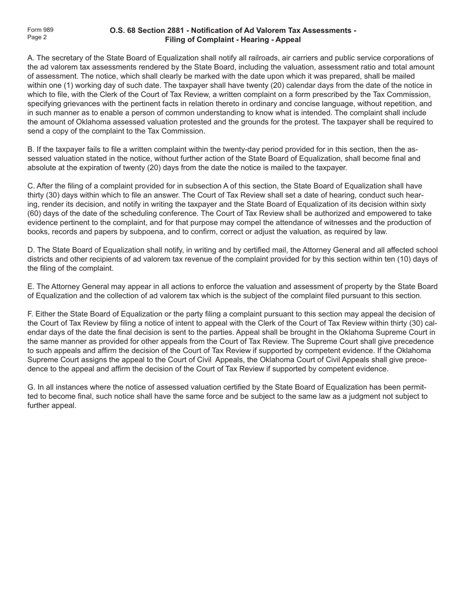 OTC Form 989 Notice of Protest to the State Board of Equalization and the Oklahoma Tax Commission of Filing in Court of Tax Review - Oklahoma, Page 2