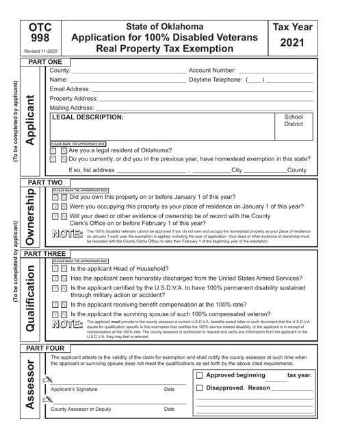 OTC Form 998 2021 Printable Pdf