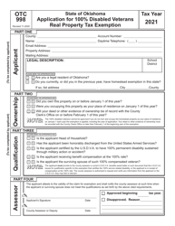 OTC Form 998 Application for 100% Disabled Veterans Real Property Tax Exemption - Oklahoma
