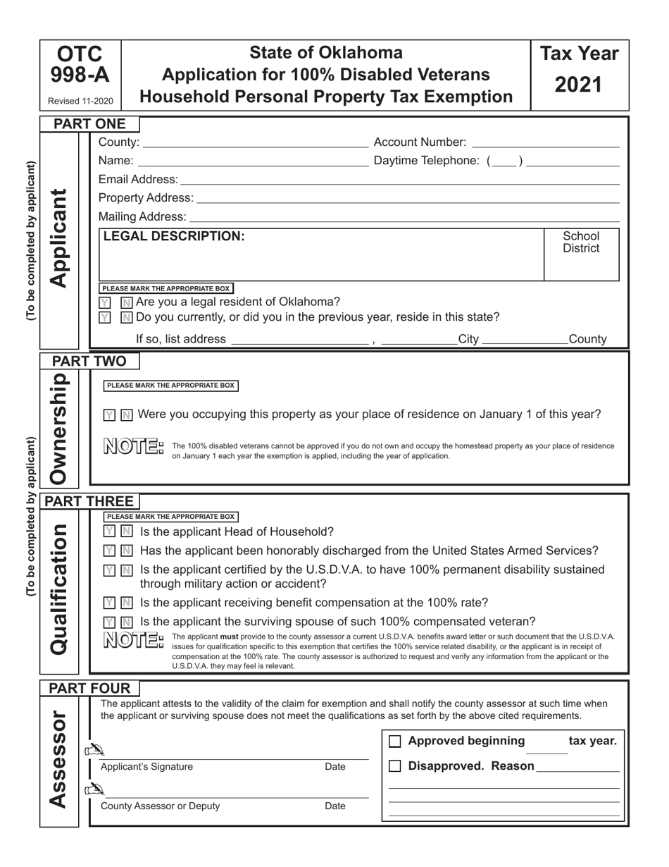 Form OTC998-A Application for 100% Disabled Veterans Household Personal Property Tax Exemption - Oklahoma, Page 1