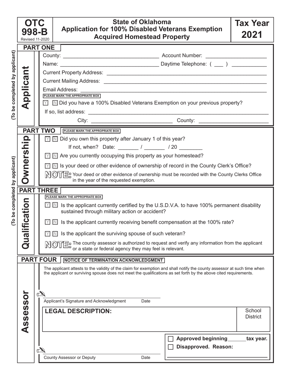 Form OTC998-B Application for 100% Disabled Veterans Exemption Acquired Homestead Property - Oklahoma, Page 1