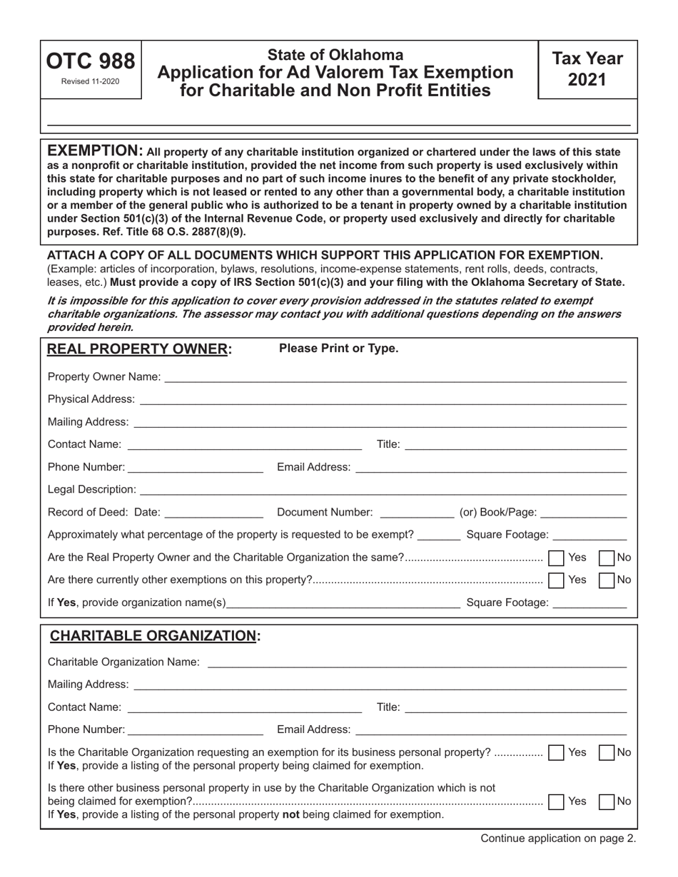 Form OTC988 Application for Ad Valorem Tax Exemption for Charitable and Non Profit Entities - Oklahoma, Page 1