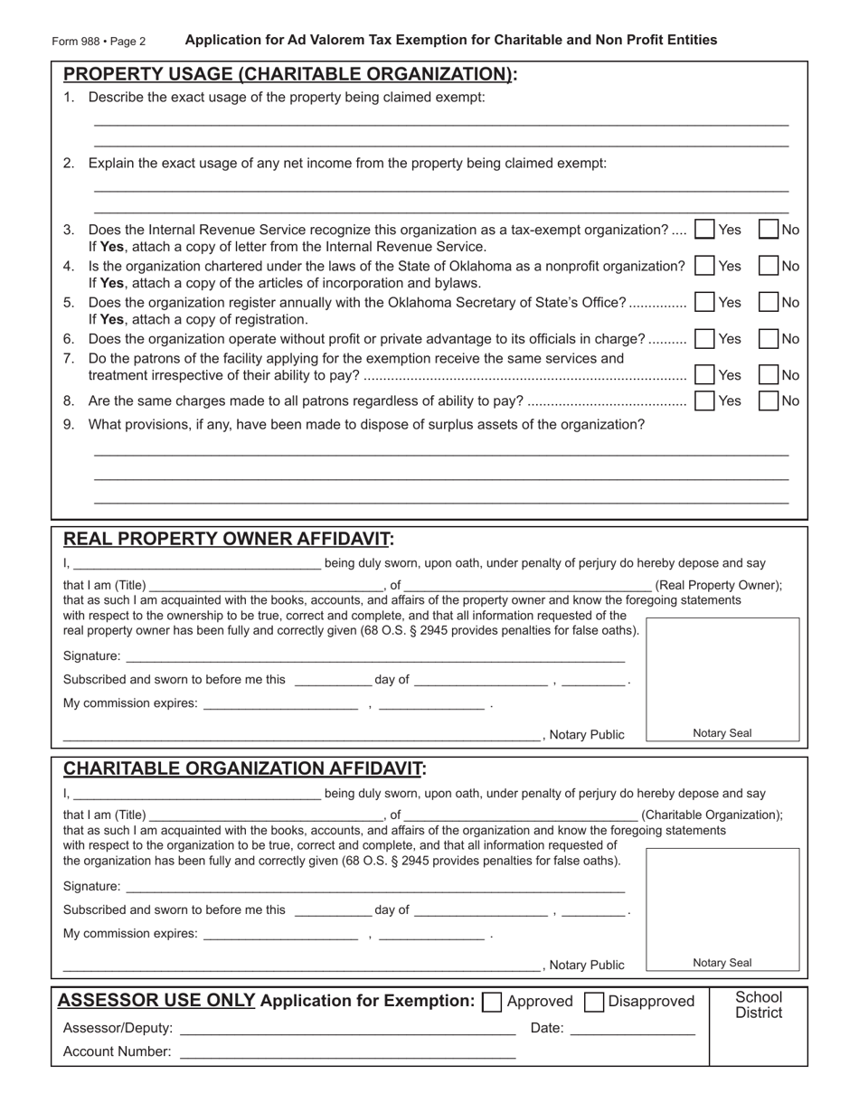 Form OTC988 Application for Ad Valorem Tax Exemption for Charitable and Non Profit Entities - Oklahoma, Page 2