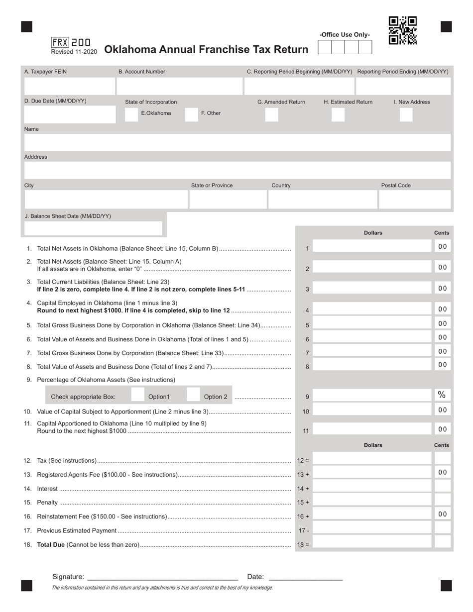Form 200 Oklahoma Annual Franchise Tax Return - Oklahoma, Page 1