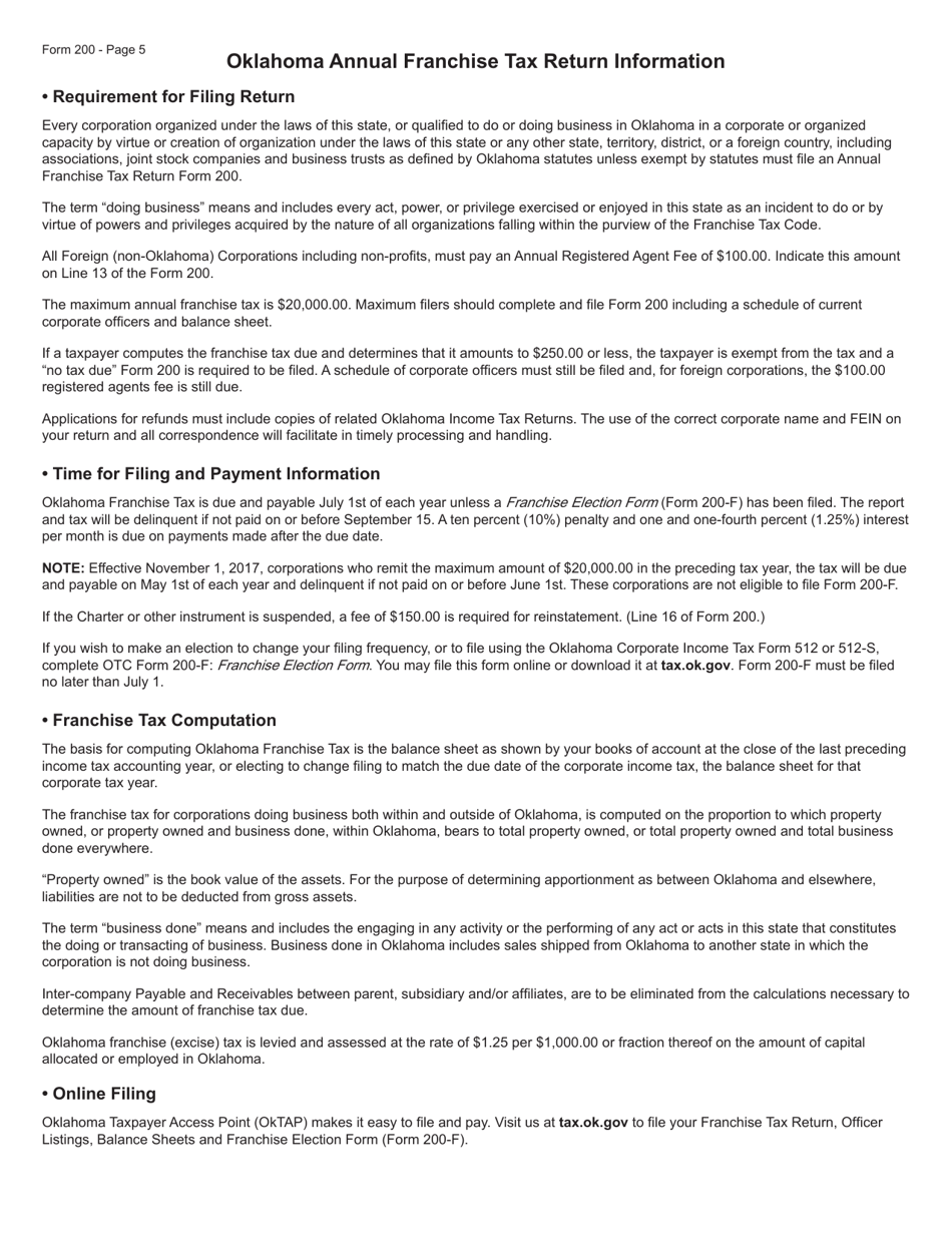 Form 200 Oklahoma Annual Franchise Tax Return - Oklahoma, Page 5