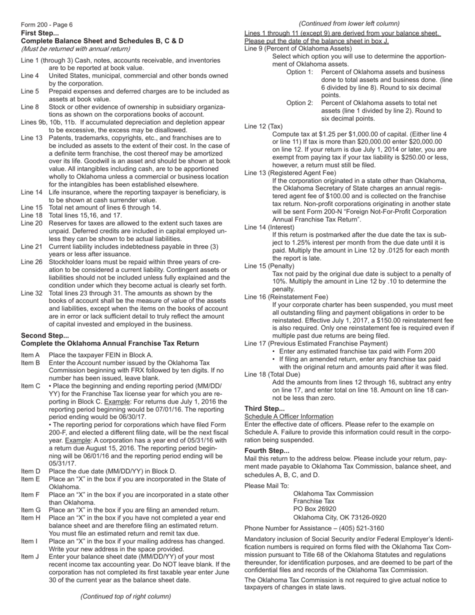 Form 200 Oklahoma Annual Franchise Tax Return - Oklahoma, Page 6