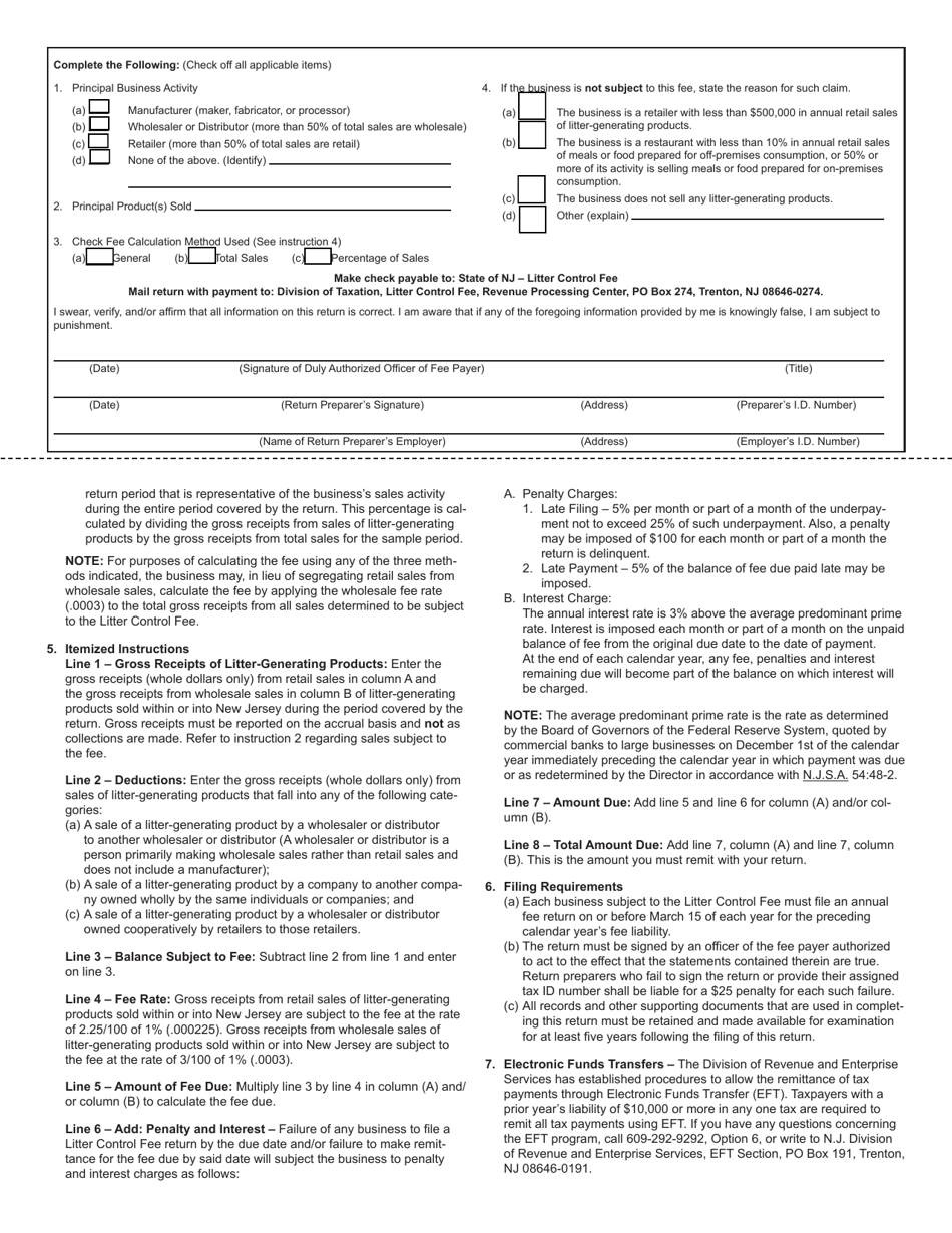 Form LF-5 State of New Jersey Litter Control Fee Return - New Jersey, Page 2