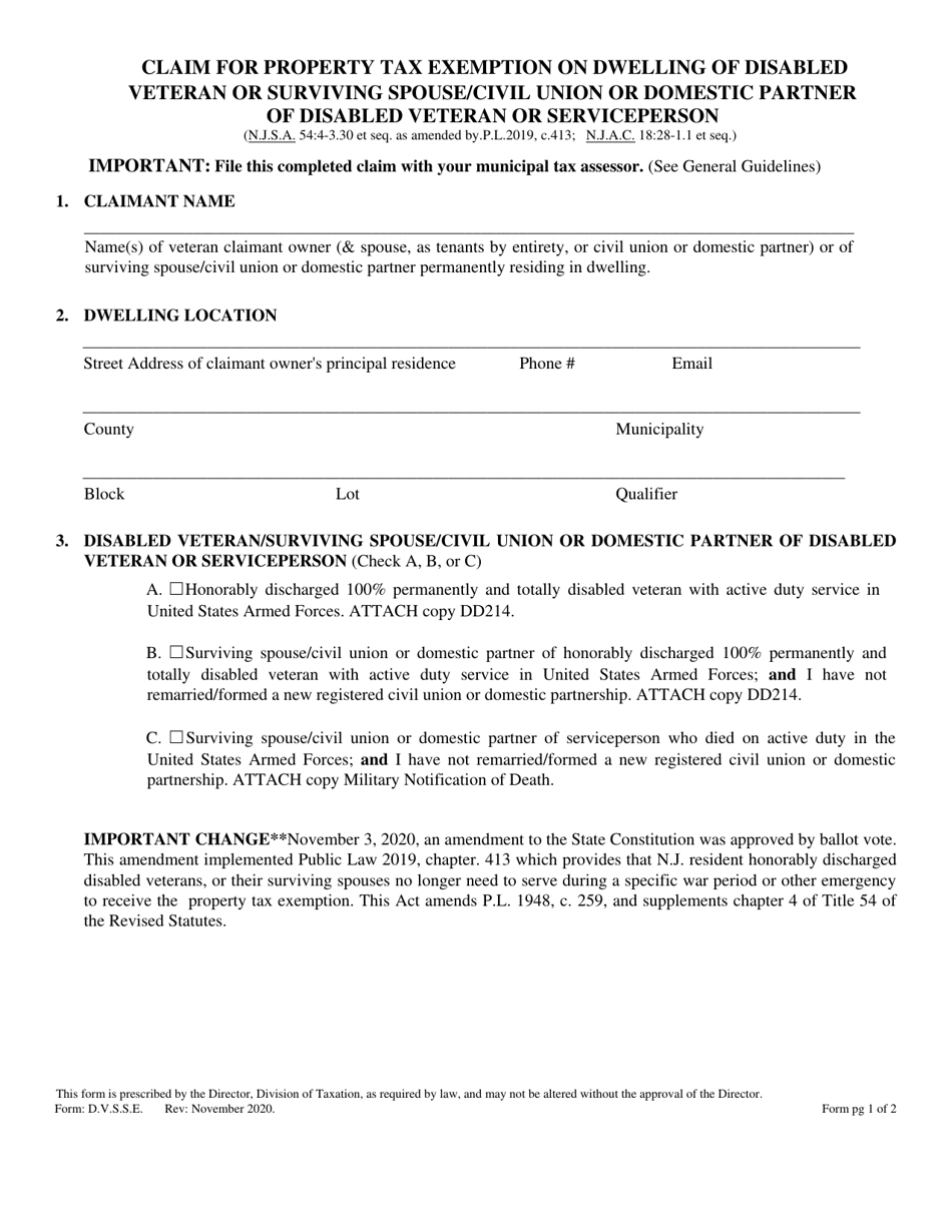 Form D.V.S.S.E. Claim for Property Tax Exemption on Dwelling of Disabled Veteran or Surviving Spouse / Civil Union or Domestic Partner of Disabled Veteran or Serviceperson - New Jersey, Page 1