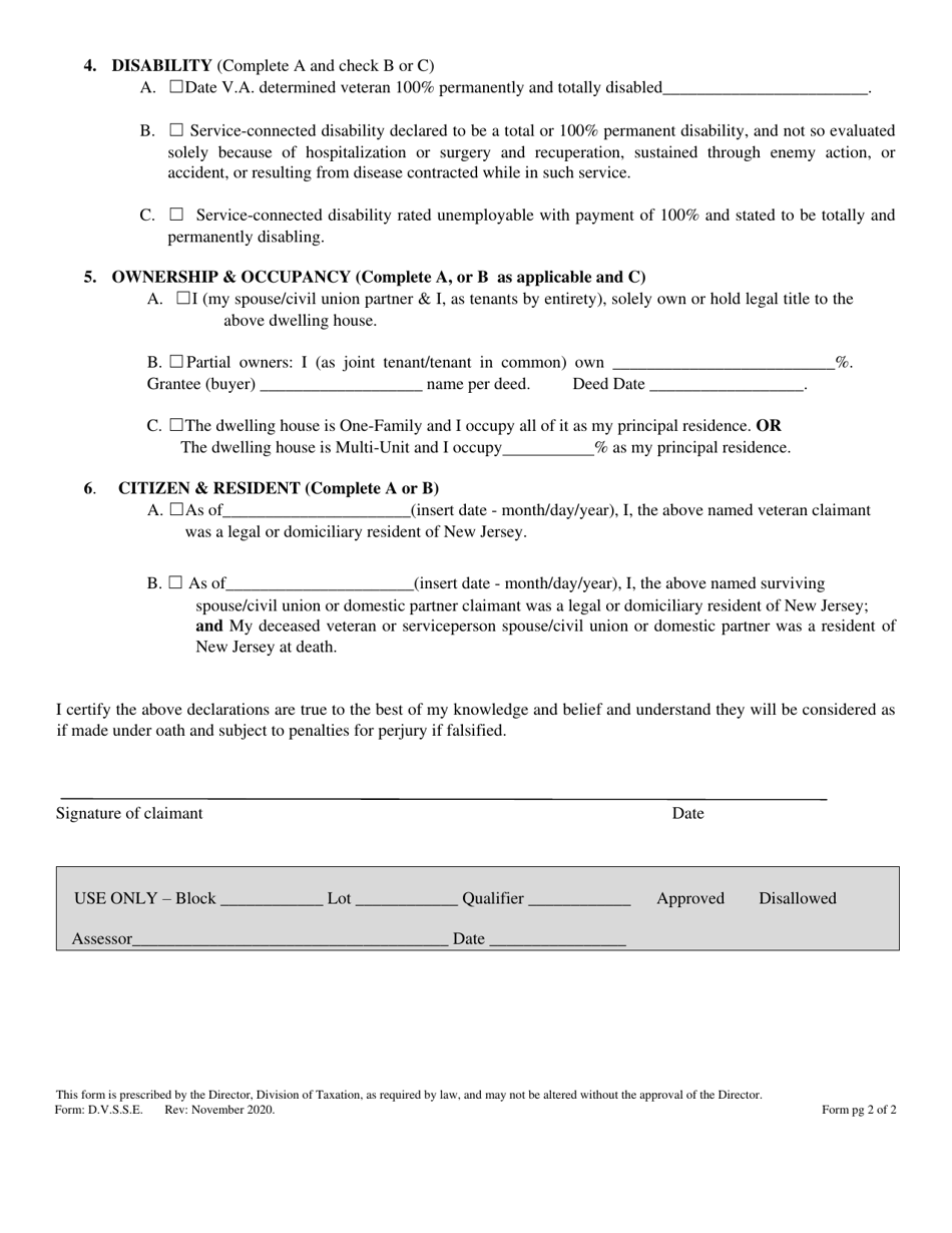 Form D.V.S.S.E. Claim for Property Tax Exemption on Dwelling of Disabled Veteran or Surviving Spouse / Civil Union or Domestic Partner of Disabled Veteran or Serviceperson - New Jersey, Page 2