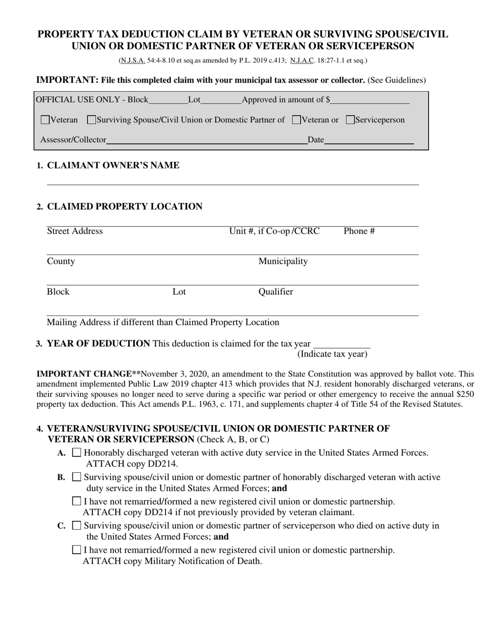 Form V.S.S. Property Tax Deduction Claim by Veteran or Surviving Spouse / Civil Union or Domestic Partner of Veteran or Serviceperson - New Jersey, Page 1