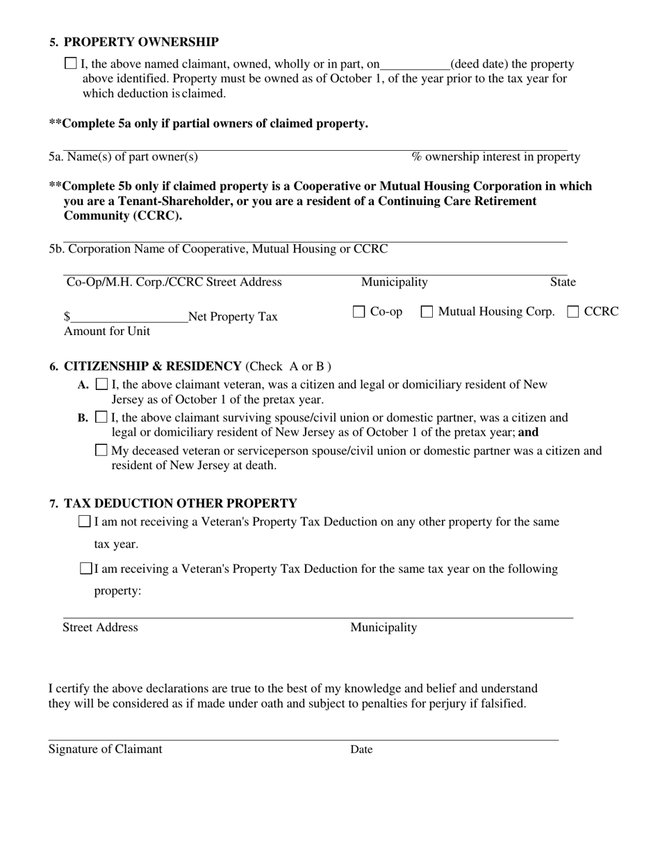 Form V.S.S. Property Tax Deduction Claim by Veteran or Surviving Spouse / Civil Union or Domestic Partner of Veteran or Serviceperson - New Jersey, Page 2