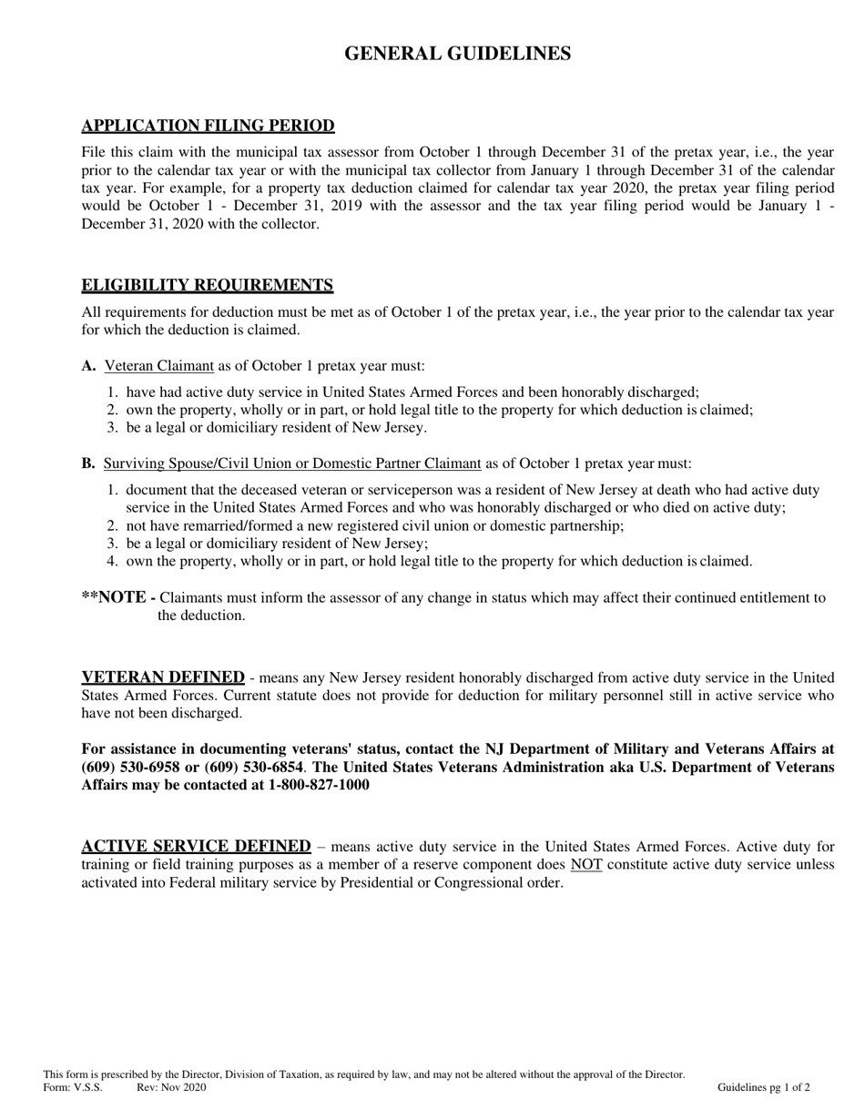 Form V.S.S. Property Tax Deduction Claim by Veteran or Surviving Spouse / Civil Union or Domestic Partner of Veteran or Serviceperson - New Jersey, Page 3