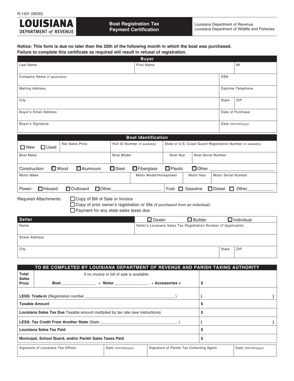 Form R-1331 Boat Registration Tax Payment Certification - Louisiana, Page 1