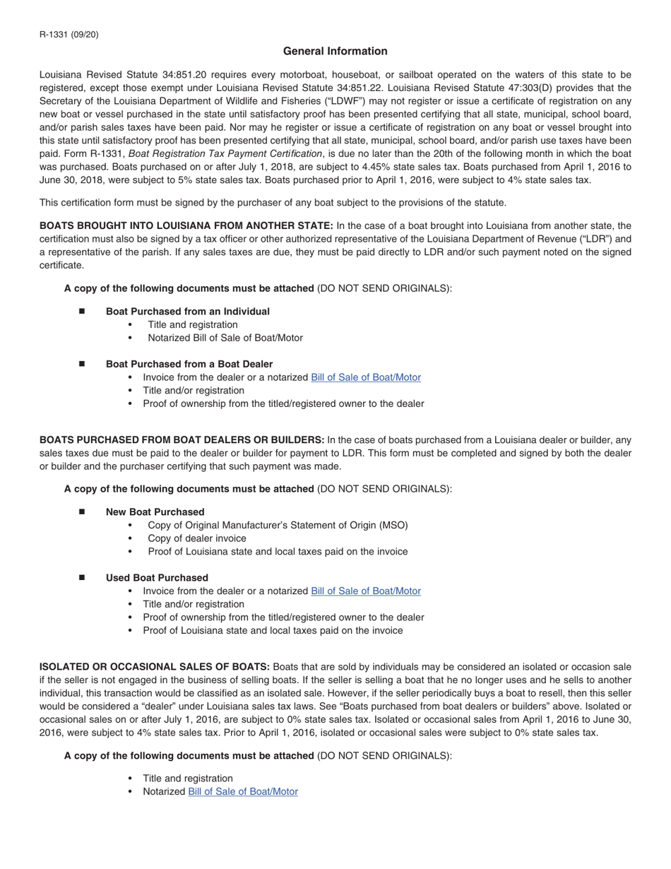 Form R-1331 Boat Registration Tax Payment Certification - Louisiana, Page 2
