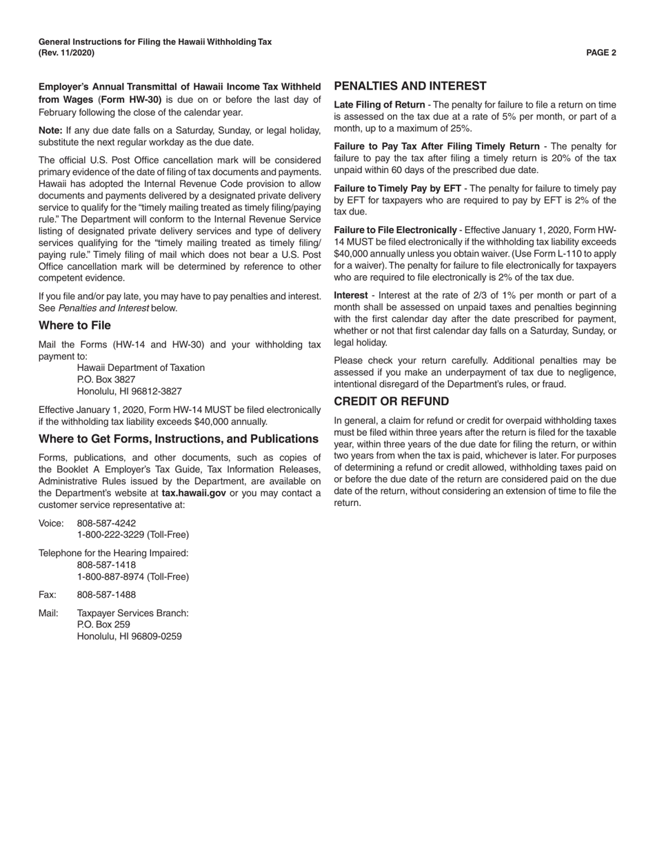 Instructions for Form HW-14, HW-30 - Hawaii, Page 2