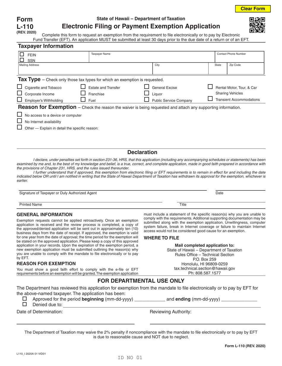 Form L-110 Electronic Filing or Payment Exemption Application - Hawaii, Page 1